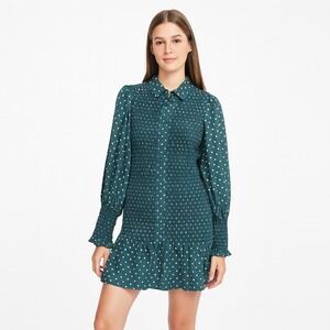 ASOS Smocked Polka Dot Green Mini Dress Long Sleeves‎ Collared Button Size 4